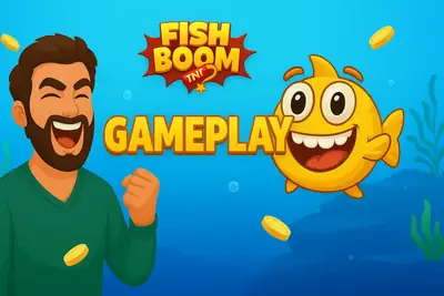 Excited man showing Fish Boom TNT gameplay with golden fish and falling coins