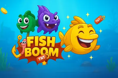 Colorful Fish Boom TNT game banner featuring cartoon fish characters underwater