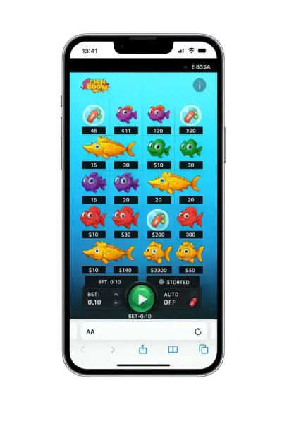 Fish Boom game running on iPhone showing colorful fish grid and betting controls