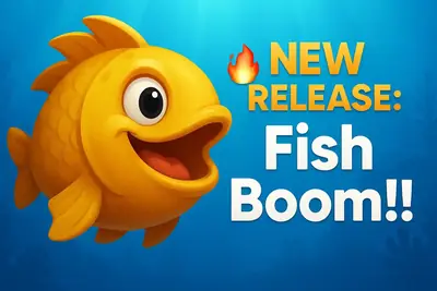 Golden fish announcing new Fish Boom game release with fire icon
