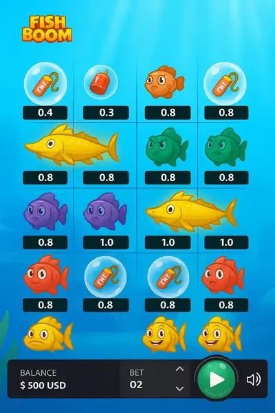 Fish Boom slot paytable displaying fish symbols with multiplier values and bet options