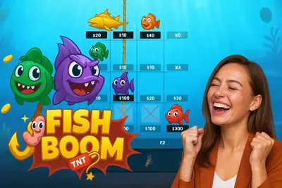 Happy woman celebrating big win in Fish Boom game with paytable showing cash prizes